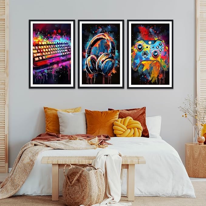 Novatique Game Wall Decor Cool Gaming Wall Art Pop Street Art Canvas Prints Video Gamer Watercolor Poster Framed for Living Room Bedroom,24" x 36" x 3pcs