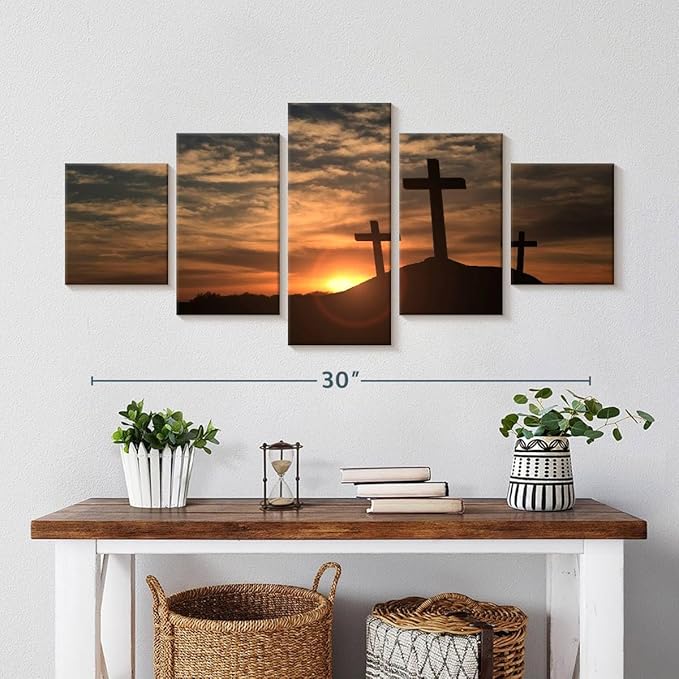 Elephant Stock Cross Silhouettes Wall Art Multi Piece Canvas - 5 Panel Christian Pictures Decor - Digital Design Canvas Print - Christian Wall Decor - 36" X 15"
