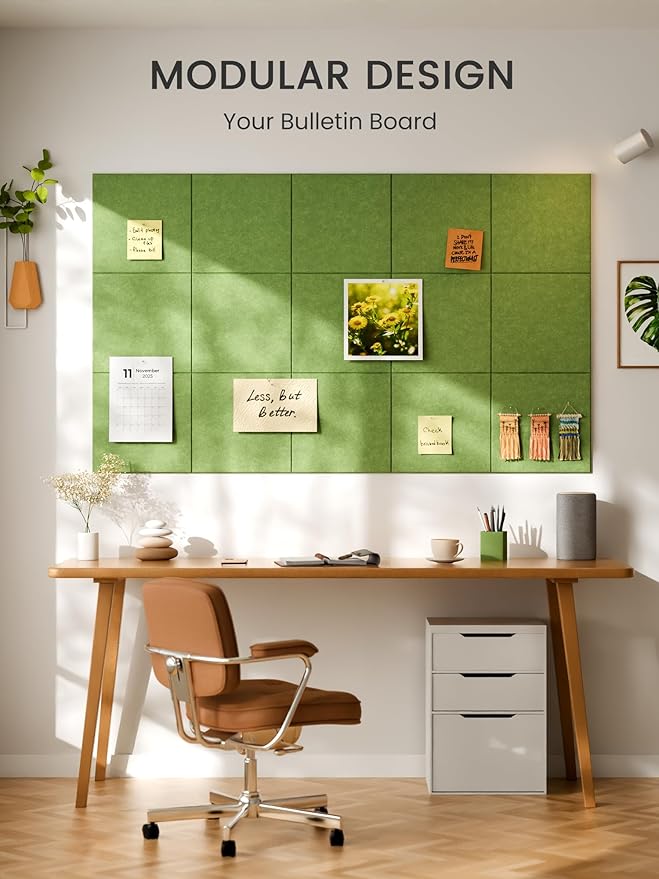 Bumusty Large Cork Board 36" x 24" Alternative - 6 Pack Felt Wall Tiles with 40 Safe Removable Adhesive Tabs, 30 Pushpins, Cork Boards for Walls Pin Board Bulletin Board Office Decor (Kelly Green)