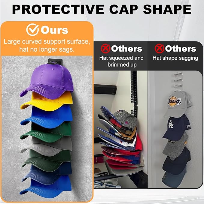 1 Pack Hat Organizer for Baseball Caps, Hat Rack for Wall Hold Up 8 Hats, Strong Adhesive & Screw-in Cap Holder hat hangers for Closet Door & Bedroom (Black-1Pack)