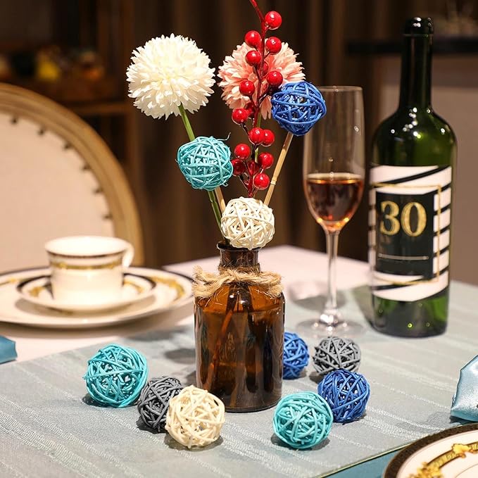 Patelai 72 Pcs Wicker Rattan Balls Decorative Balls for Vase Centerpiece Bowls Orbs Filler for Spring Summer Craft Home Decor, 4 Sizes(Dark Blue, Sky Blue, Gray, White)