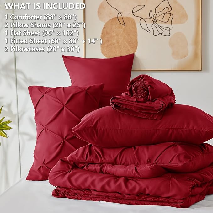 CozyLux Queen Comforter Set Dark Red, 7 Pieces Pintuck Bed in A Bag, Premium Red Comforter Queen Size, Pinch Pleat Bedding Sets with Comforter, Sheets, Pillowcases & Shams