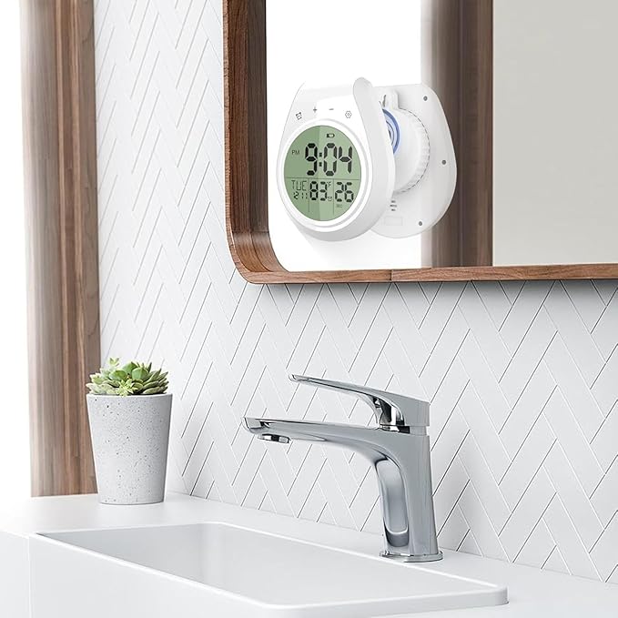 Shower Timer Clock Waterproof, Digital Bathroom Kitchen Wall Clock with LCD Display, 12/24 Hour Format, Temperature, Countdown Timer, Suction Cup, Hanging Hole