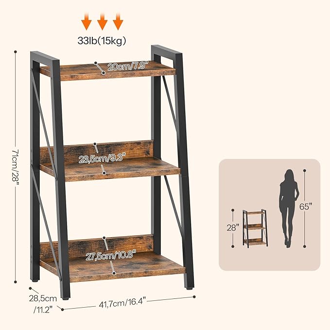 HOOBRO Ladder Shelf, 3-Tier Bookshelf, Corner Bookcase, Freestanding Storage Shelf Display Organizer, for Living Room, Bedroom, Home Office, Kitchen, Rustic Brown and Black BF303CJ01