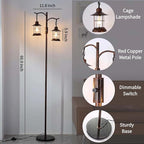 Industrial,Vintage Dimmable Floor Lamp,2 Classical Lanterns Standing Lamp, Rustic Farmhouse Floor Lamp with Bronze Gold Finish, for Living Room Bedroom (Red Copper-B-Style)
