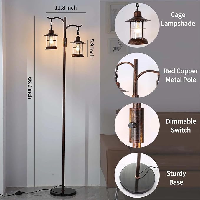 Industrial,Vintage Dimmable Floor Lamp,2 Classical Lanterns Standing Lamp, Rustic Farmhouse Floor Lamp with Bronze Gold Finish, for Living Room Bedroom (Red Copper-B-Style)