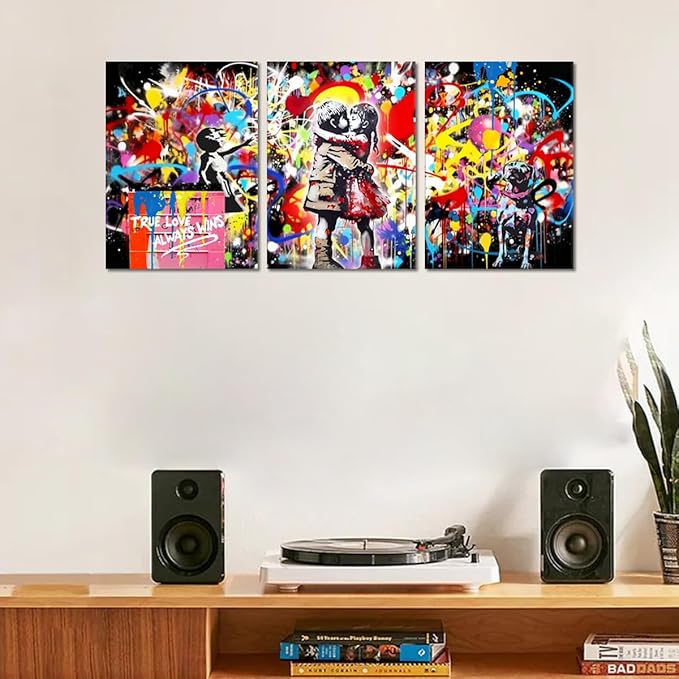 Novatique Banksy Wall Art Colorful Graffiti Canvas Wall Decor Banksy Prints Street Painting Artwork Mural Pop Art Decor for Living Room Bedroom,12" x 16" x 3Pcs