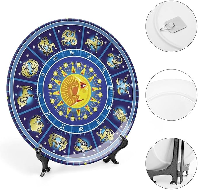Ceramic Plates, Astrology Decorative Ceramic Plates, Horoscope Circle Sun Birth Zodiac Constellation, 7 Inch, Household Plates Decorative, Yellow Orange Dark Blue