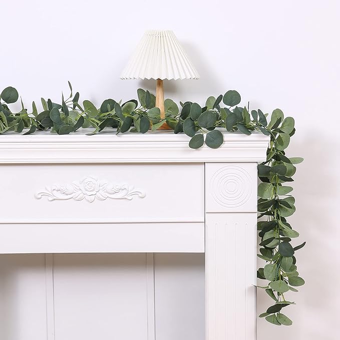 2 Pack Artificial Eucalyptus Garland Faux Silk Leaf Silver Dollar Eucalyptus Leaves Vines Handmade Garland Greenery Wedding Backdrop Indoor Outdoor Arch Wall Decoration