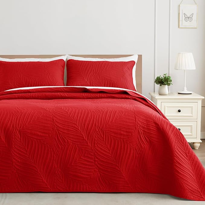Exclusivo Mezcla Queen Quilt Bedding Set, Lightweight Red Quilts Queen Full Size for All Seasons, Soft Microfiber Bedspreads Coverlets Bed Cover with Leaf Pattern, 3 Piece