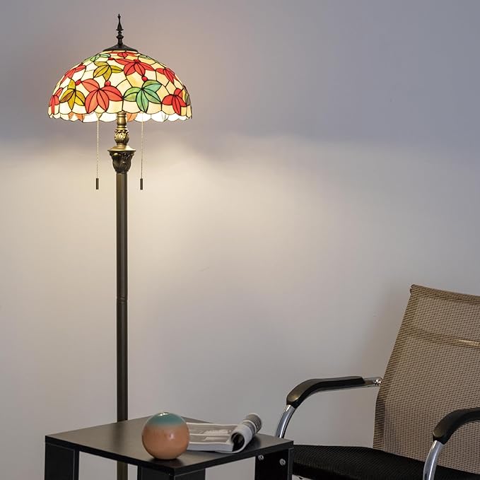 Tiffany Floor Lamp, 16" Stained Glass Maple Leaf Shade with Antique Bronze Base, 2-Light E26 Pull Chain Standing Reading Light for Living Room Bedroom16x16x64 Inches (White Maple Leaf)