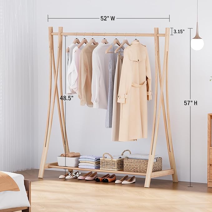 Wooden Retail Display Hanging Clothes Rack with Storage Shelf, 52" W x 57" H Freestanding Heavy Duty Clothing Drying Garment Rack for Hanging Clothes, Coat, Dress, Shirt, Hat