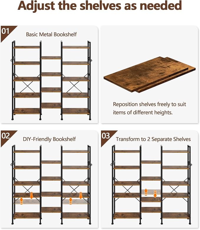 Furologee Triple 5 Tier Bookshelf, Bookcase with 14 Open Display Shelves, Wide Etagere Book Shelf, Industrial Shelving Units for Home Office, Living Room, Bedroom, Rustic Brown
