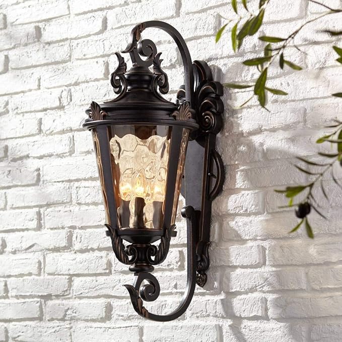 John Timberland Casa Marseille Rustic Industrial Outdoor Wall Light Fixture Warm Bronze Scroll 27 1/2" Hammered Glass for Exterior House Porch Patio Outside Deck Garage Yard Front Door Garden Home