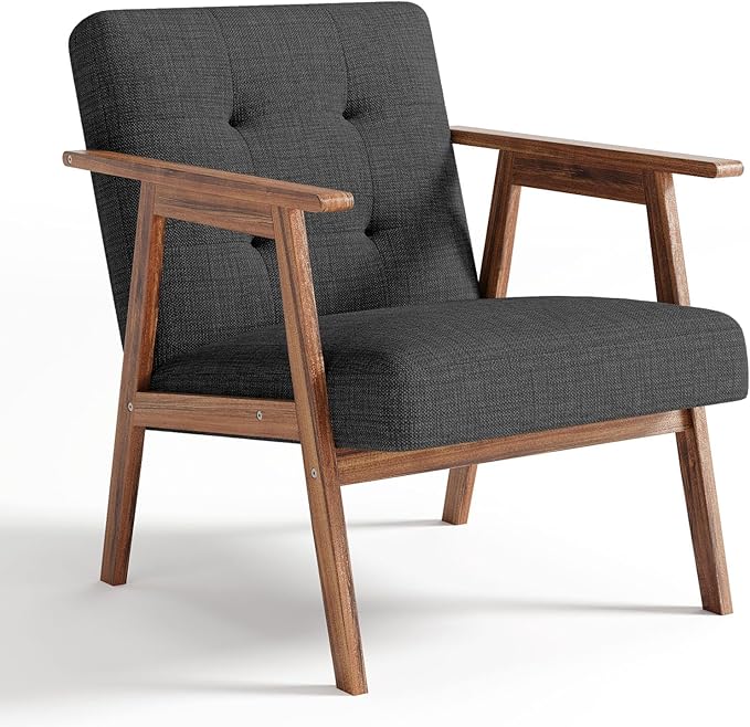 Mid Century Accent Chair, Upholstered Fabric Lounge Chair with Walnut Finish Frame for Living Room, Comfortable Sofa Chairs in Dark Gray