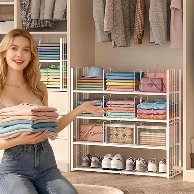 Stackable Closet Storage Shelf, Adjustable Divider Clothes Shelves Organizer for Jeans Pant Shirt Sweater Bag Purse Shoe, Clothing Shelving Rack for Bedroom RV Wardrobe Closet System-White