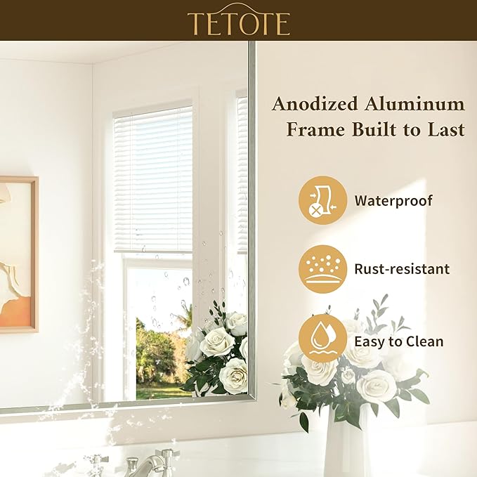 TETOTE Brushed Nickel Bathroom Vanity Mirror 55" x 36" Beveled Framed Bathroom Wall Mirror for Over Sink Brushed Nickel, Tempered Glass, Modern Farmhouse Bedroom, Entryway, Living Room