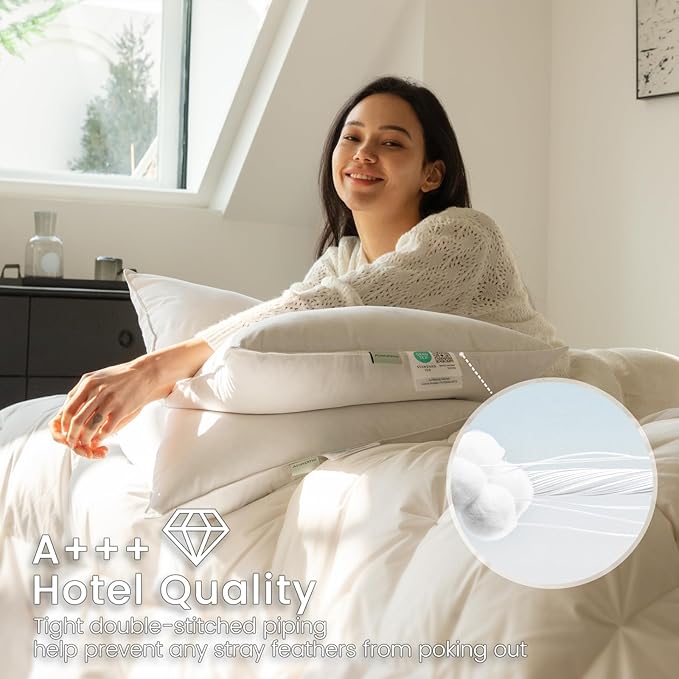 Alanzimo Goose Feathers Down Pillows Queen Size Set of 2, Hotel Collection Fluffy Bed Pillows for Sleeping, 100% Cotton Cover Soft Pillow 20x28 2 Pack