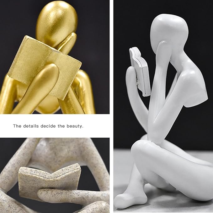 Gold Reading Women Statue, Thinker Sculptures, Abstract Art Ornament, Modern Aesthetic Figurine Decoration, Suitable for Home Living Room Bedroom Office Shelf Table Desk Bookshelf Decor (White Left)