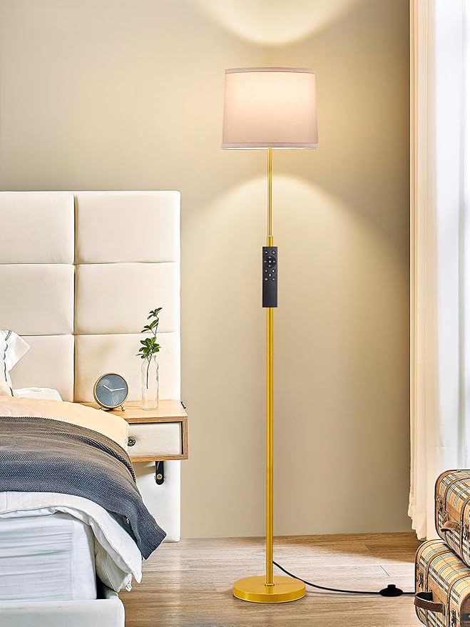 60" Modern Floor Lamp for Living Room, Standing Lamp with White Linen Lampshade, Remote and Foot Switch, Tall Lamp with A19 9W 3000K-6000K Color Temperature 10%-100% Brightness Dimmable Bulb, Gold