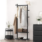 Coat Rack Freestanding Clothing Rack with Wheels & 2 Shelves Storage & 5 Hooks Heavy Duty Clothes Rack Wood Coat Tree Stand Hat Hanger Rack for Corner Bedroom Entryway Living Room Hotel Size L