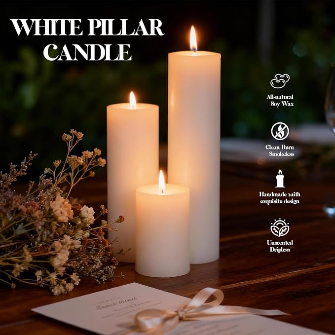 18 Pcs White Pillar Candles Bulk Set，2x3 2x4 2x6 Inch - 12 Each Size，Hurricane Candles，Dripless Unscented Smokeless，Gives You a Better Atmosphere When Organizing an Event Party.