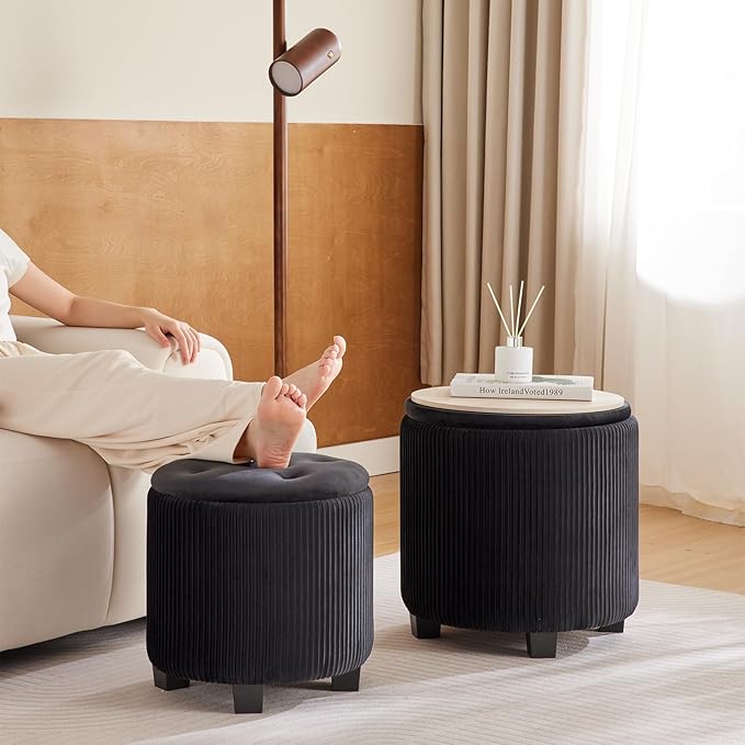 Big Round Ottoman with Storage Set of 2-Upholstered Velvet Vanity Stool for Makeup Multifunctional Foot Rest Coffee Table Padded Seat Tufted Ottomans for Living Room&Bedroom (Big Black)