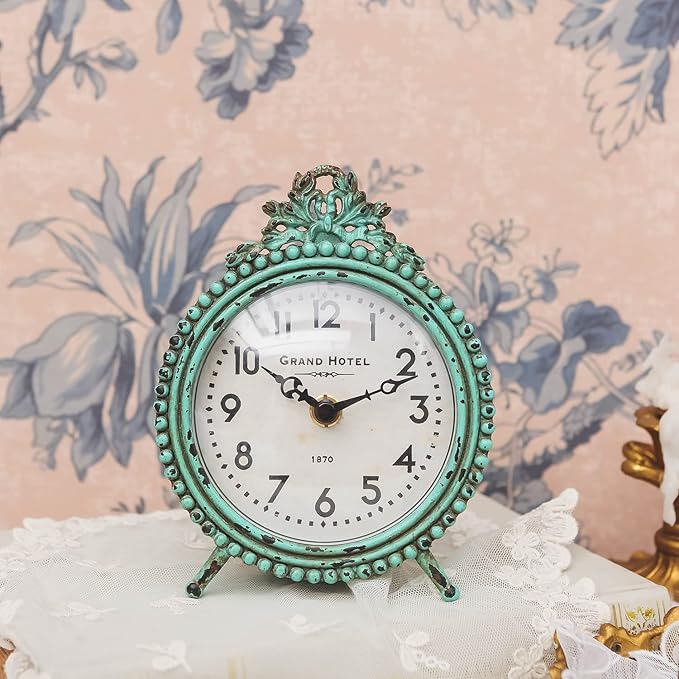 NIKKY HOME Antique Table Clock Silent Non-Ticking, Small Shelf Desk Top Clock Battery Operated Rustic Distressed Design, Shabby Chic Home Decor for Fireplace Mantel, Desktop, Countertop- Green