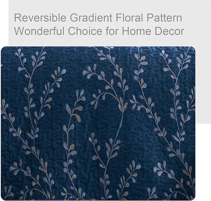 Exclusivo Mezcla Reversible Boho Quilts Queen Size, Navy Bedspreads Lightweight Coverlet All Season Flowers Quilt Bedding Set with Printed Floral Pattern (1 Quilt, 2 Pillow Shams)