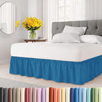Wrap Around Dust Ruffle Bed Skirt - Denim Blue - for Queen Size Beds with 24 Inch Drop - Elastic Strap - Adjustable Pleated Bedskirt with Brushed Fabric and Wrinkle Free - For Women, Men, Kids & Teens
