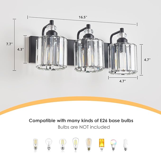 3-Light Black Bathroom Light Fixtures Over Mirror Modern Vanity Lights Crystal Wall Sconce Vintage Bathroom Lighting with Crystal Shade E26 Base for Bedroom, Living Room, Hallway
