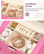 Homde Synthetic Leather Huge Jewelry Box Mirrored Watch Organizer Necklace Ring Earring Storage Lockable Gift Case (Pink + Gold)