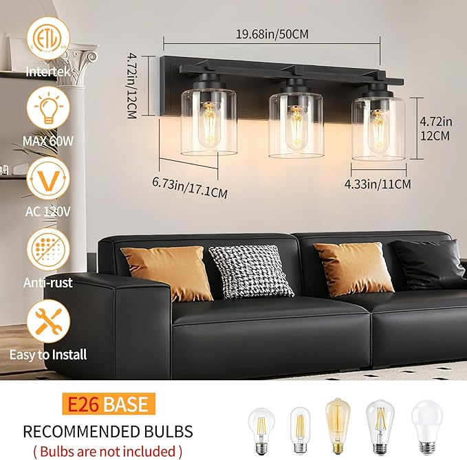 3 Light Modern Bathroom Light Fixtures Over Mirror, Black Vanity Lights for Bathroom Wall Sconces with Clear Glass Shades, E26 Socket (Bulbs Not Included)