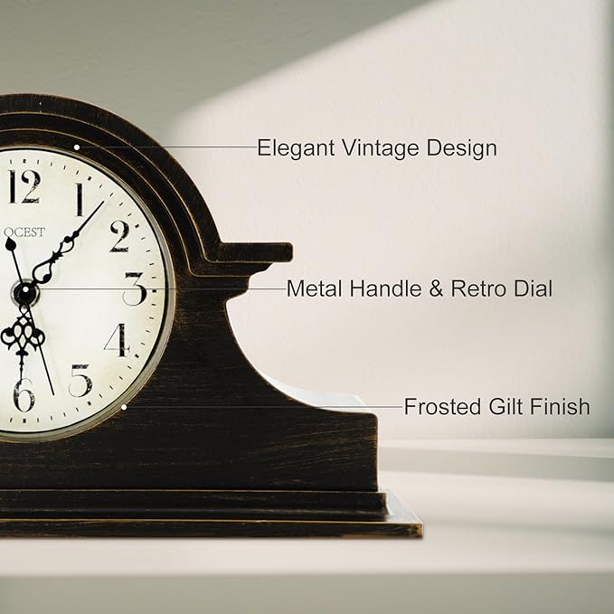 OCEST Vintage Farmhouse Mantel Clock - 13 x 7 Inch Quartz Gilt Finish Battery Operated, Contemporary Napoleon Classic Desk & Shelf Décor for Living Room Office Tabletop Bedside (Walnut Brown)