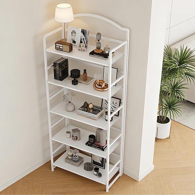 JSB No Assembly Folding Bookshelf, 5 Tier Book Shelf for Storage, Vintage Wood Foldable Bookcase for Living Room, Bedroom, Office Organization Shelves