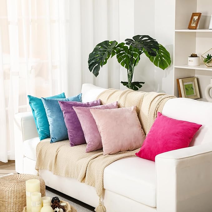 Pack of 6 Decorative Velvet Throw Pillow Covers Solid Square Soft Pillowcase Set Cushion Cases for Sofa Couch Bed Car Christmas Fall Home Decor 18 x 18 inch(Candy Color)