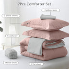 JOLLYVOGUE Full Comforter Set, Ultra-Soft Bed in a Bag Full Size 7 Pieces, Oeko-TEX Certified Bedding Set with Down Alternative Comforter, Sheets, Pillowcases & Shams, Pink & Light Grey