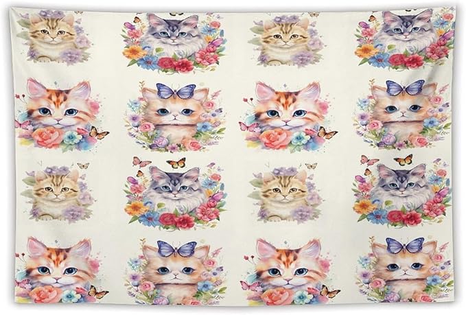 VUMIVI Watercolor Flower Cat Tapestry Colorful Cartoon Cute Animals Butterflies Abstract Art Print Tapestry Wall Hanging for Living Room Bedroom Dorm Classroom Aesthetic Decor W60xL40in