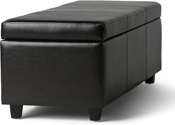 SIMPLIHOME Avalon Storage Ottoman Bench - 48 inch Wide Upholstered Vegan Leather Rectangular Lift-Top Ottoman in Tanners Brown, Contemporary Storage Bench for Living Room with High-Density Foam