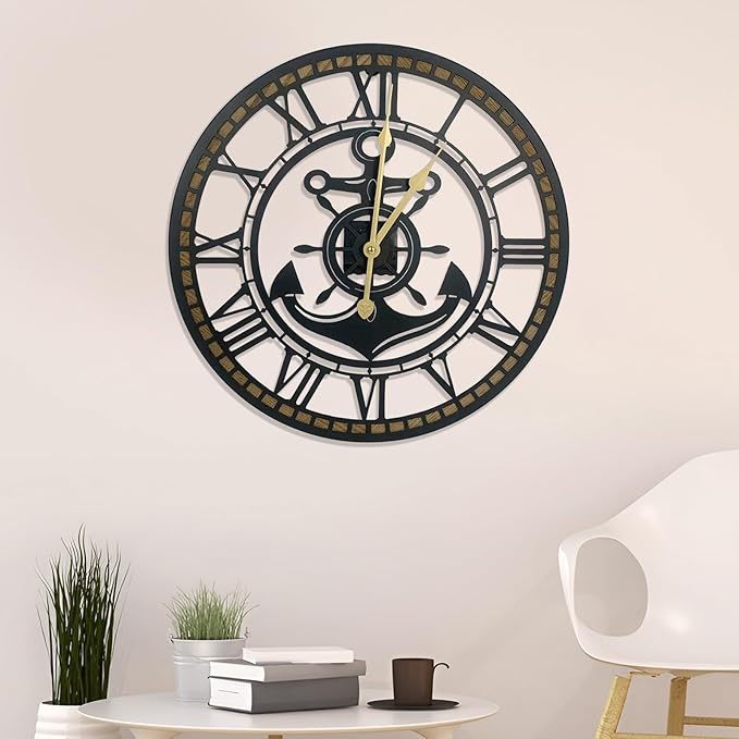 24 Inch Wall Clock, Anchor Wall Clock, Silent Non Ticking, Battery Operated Large Decor Clocks for Living Room Decor, Kitchen, Office (Nautical Style)