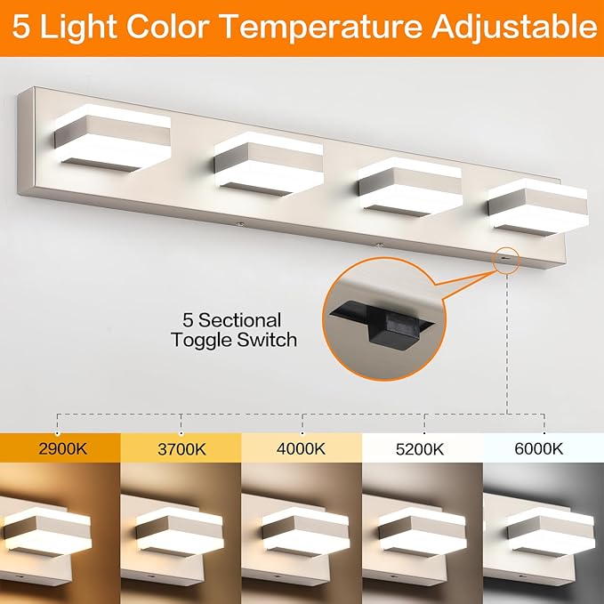SOLFART Bathroom Light Fixtures Brushed Nickel Vanity Lights for Bathroom Above Mirror, 4 Light Led Lighting Fixture, Nickel Vanity Light,5 Color Temperature Adjustable Light Over Mirror