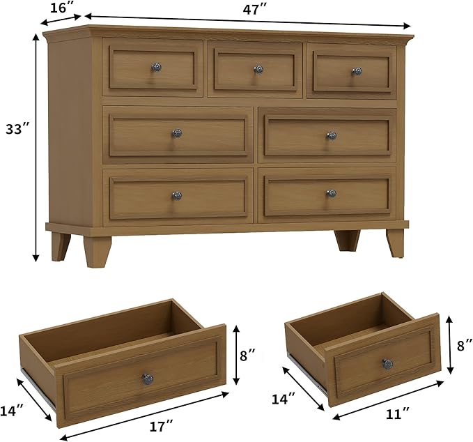 GarveeHome Brown Dresser for Bedroom, 7 Drawer Dresser, Wooden Chest of Drawers with Deep Drawers, 47 in Long Dressers TV Stand, Modern Dressers Organizer with Vintage Handle for Living Room, Hallway