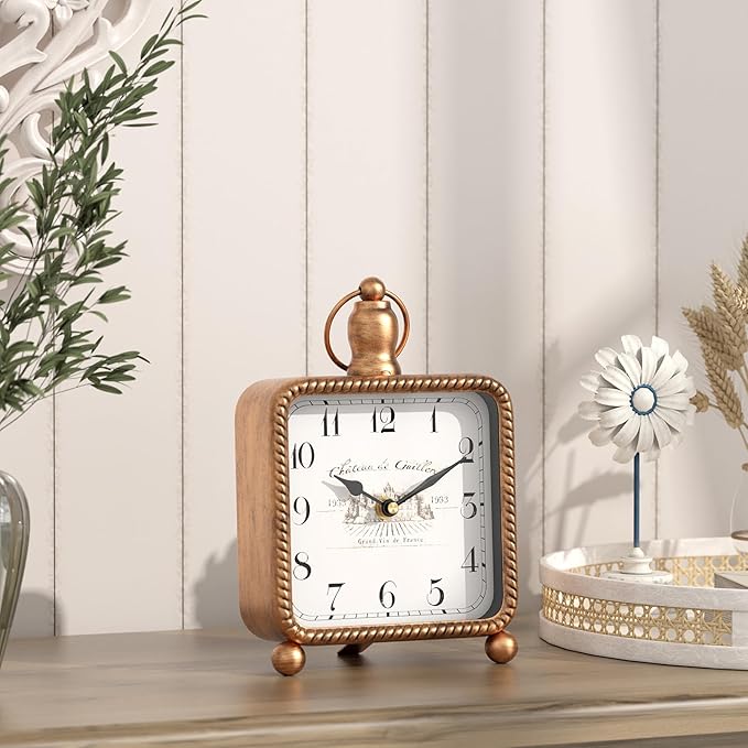 Vintage Gold Table Clock on Stand, Desk and Shelf Decor Clock, French Rustic Style Mantel Clocks for Farmhouse, Living Room, Bedroom, Bedside, Gift (8.5" H x 5.5" W)