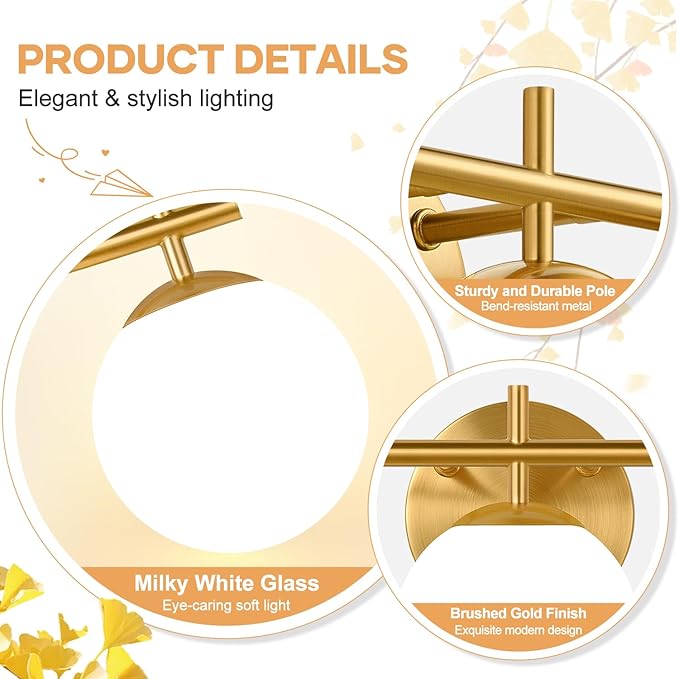 3-Light Bathroom Light Fixtures, Brushed Gold Vanity Lights for Bathroom with Milky White Glass Ball Shade, 18.9 inch Bathroom Lighting Fixtures Over Mirror, Wall Sconce for Bedroom(Bulb Not Included)