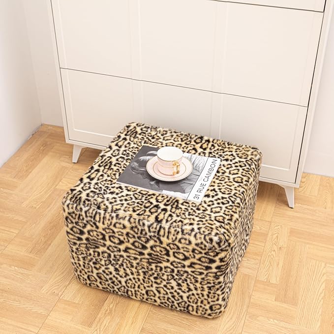20x20x14 Inches Fluffy Square Pouf Ottoman - Plush Furry Ottoman Foot Rest Stool with High-Density Foam, Versatile Floor Seating for Living Room (Leopard Print)