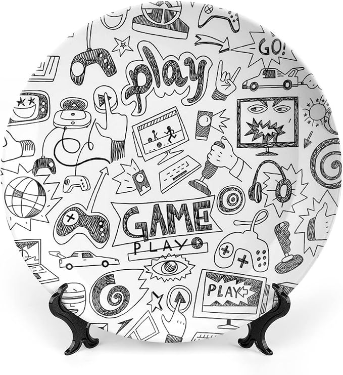 10 Inch Decorative Plate, Video Games Dinner Plate, Monochrome Sketch Style Gaming Design Print Ornament Display Plate for Fine Dining, Upscale Events, Dinner Parties, Weddings, Catering Christmas