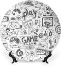 10 Inch Decorative Plate, Video Games Dinner Plate, Monochrome Sketch Style Gaming Design Print Ornament Display Plate for Fine Dining, Upscale Events, Dinner Parties, Weddings, Catering Christmas