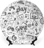 10 Inch Decorative Plate, Video Games Dinner Plate, Monochrome Sketch Style Gaming Design Print Ornament Display Plate for Fine Dining, Upscale Events, Dinner Parties, Weddings, Catering Christmas