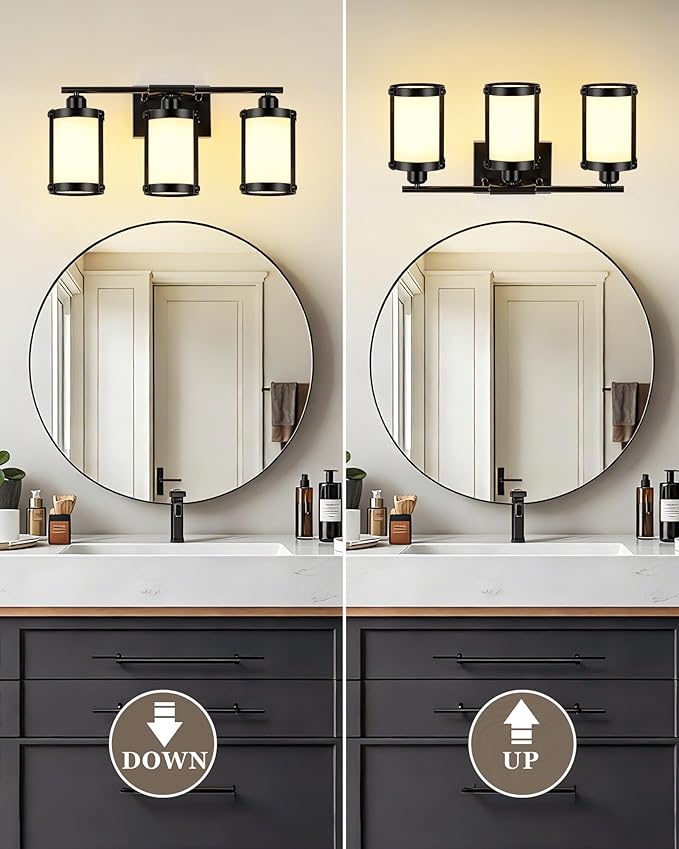 3-Light Black Bathroom Light Fixtures with Milk White Frosted Glass, 21" Modern Bathroom Vanity Lighting Fixtures Over Mirror with Metal Cage, Wall Sconce Lights for Bath, E26, OS-3014BKW-3W