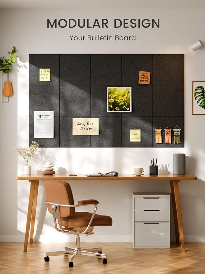Bumusty Large Cork Board 36" x 24" Alternative - 6 Pack Felt Wall Tiles with 40 Safe Removable Adhesive Tabs, 30 Pushpins, Cork Boards for Walls Pin Board Bulletin Board Office Decor (Charcoal Gray)